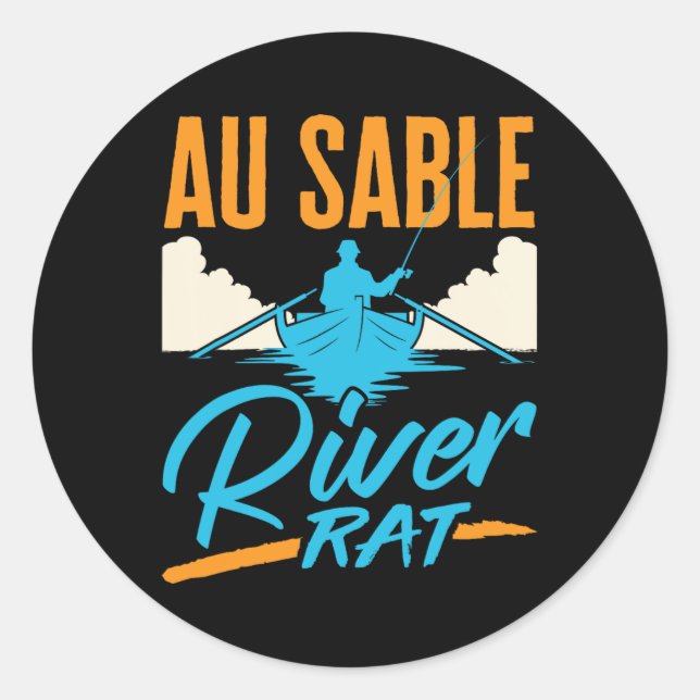 Sticker Rond Au Sable River Rat Rafting Canoeing Fishing Boatin (Devant)