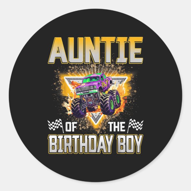 Sticker Rond Auntie Of The Birthday Boy Monster Truck Birthday  (Devant)