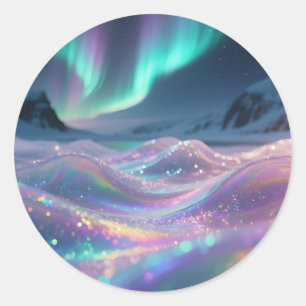 Sticker Rond Aurore Boréale Vagues Étincelantes Fantaisie