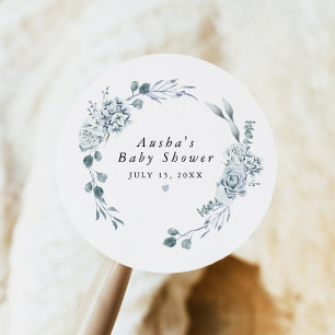 Sticker Rond AUSHA Dusty Blue Floral Boy Baby shower