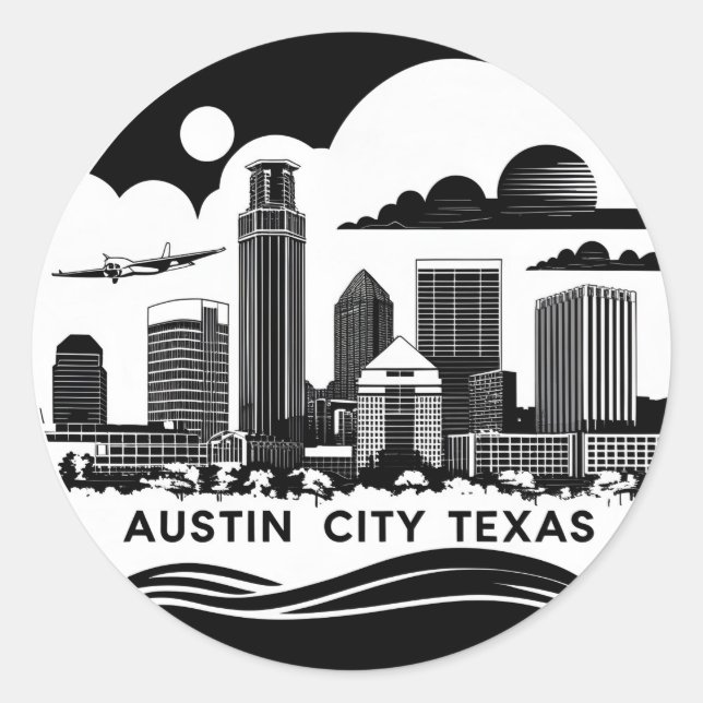 Sticker Rond Austin City Texas Skyline Retro Black & White Art (Devant)
