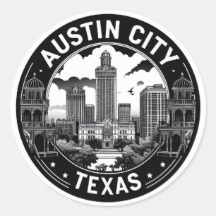 Sticker Rond Austin City Texas Skyline Retro Black & White Art