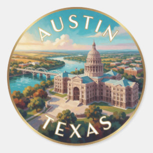 Sticker Rond Austin Texas Capitole Skyline Voyage Artistique