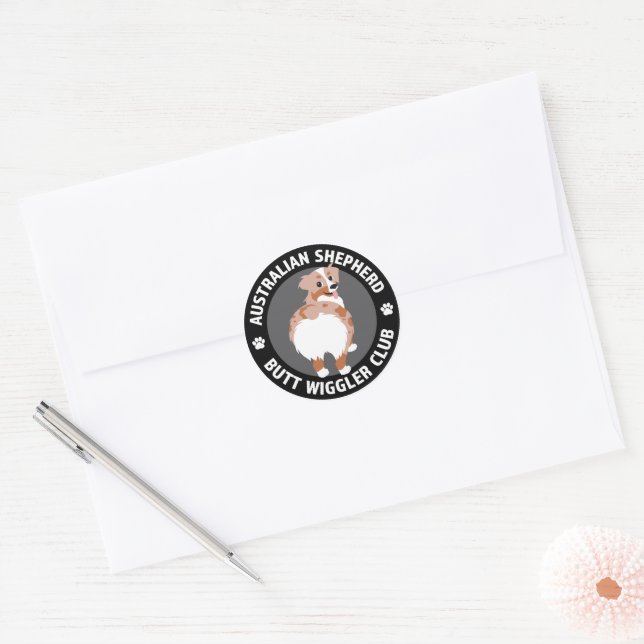 Sticker Rond Australian Shepherd Butt Wigglers Club - Red Merle (Enveloppe)