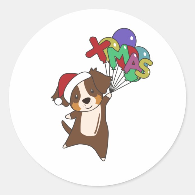 Sticker Rond Australian Shepherd Merry Christmas Winter (Devant)