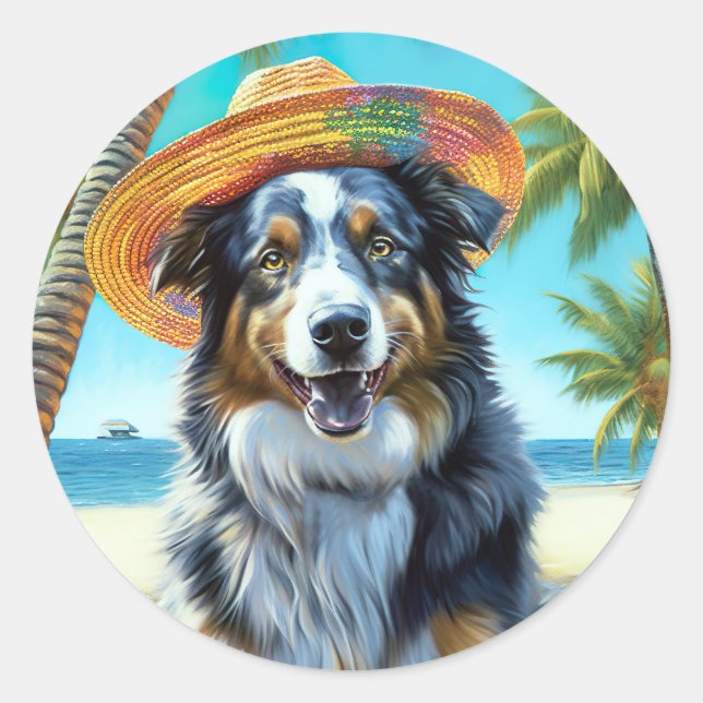 Sticker Rond Australian Shepherd On Beach amoureux des chiens c (Devant)