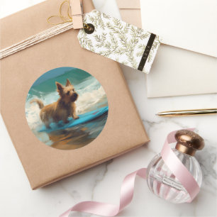 Sticker Rond Australian Terrier Beach Surfing Paining