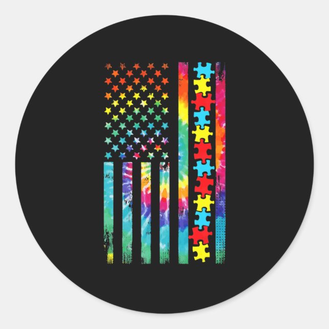 Sticker Rond Autism American Flag Tee Tie Dye Sensibilisation s (Devant)
