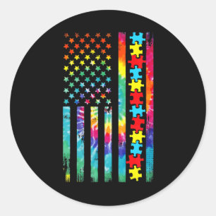 Sticker Rond Autism American Flag Tie Dye Sensibilisation sur l