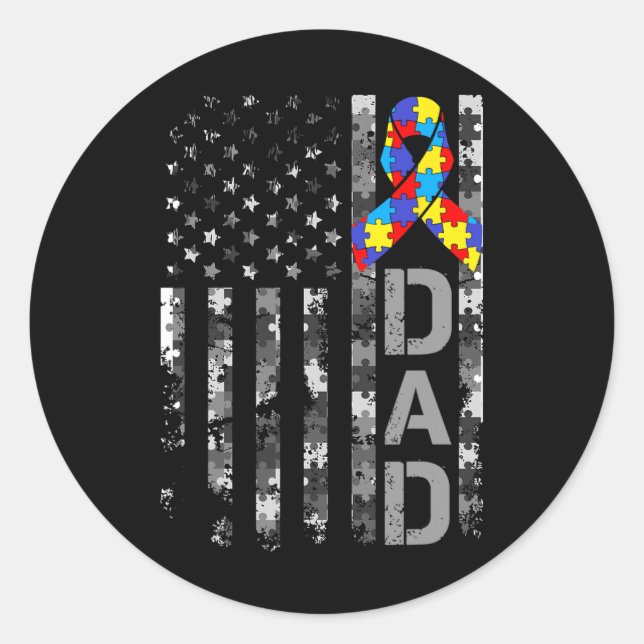 Sticker Rond Autism Awareness Dad Usa Flag Fathers Day  (Devant)