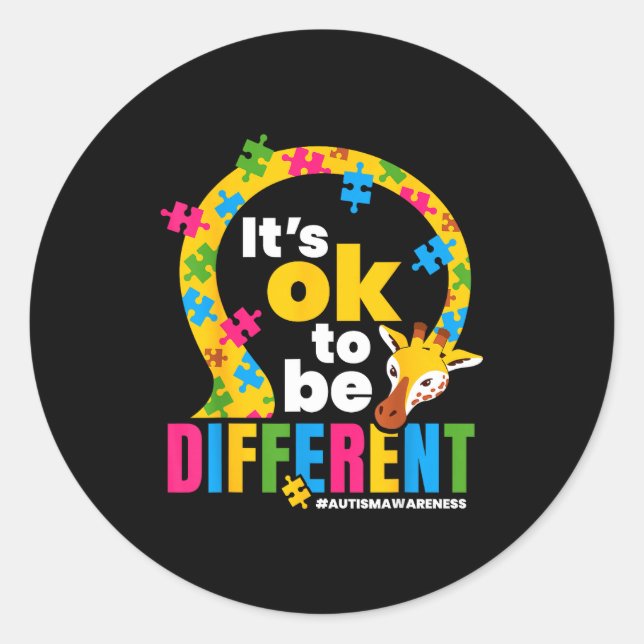 Sticker Rond Autism Awareness Giraffe It’s Ok To Be Different G (Devant)