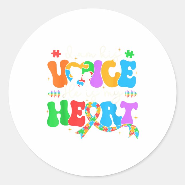 Sticker Rond Autism Mom I'm His Voice He Is My Heart Autism Awa (Devant)