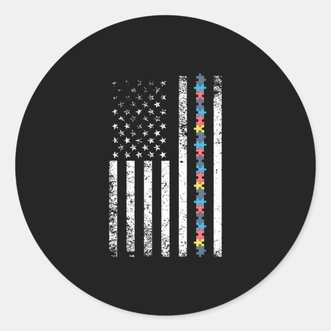 Sticker Rond Autism Shirt American Flag Puzzle (Devant)