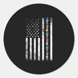Sticker Rond Autism Shirt American Flag Puzzle