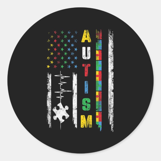 Sticker Rond Autisme American Flag Puzzle Sensibilisation sur l (Devant)