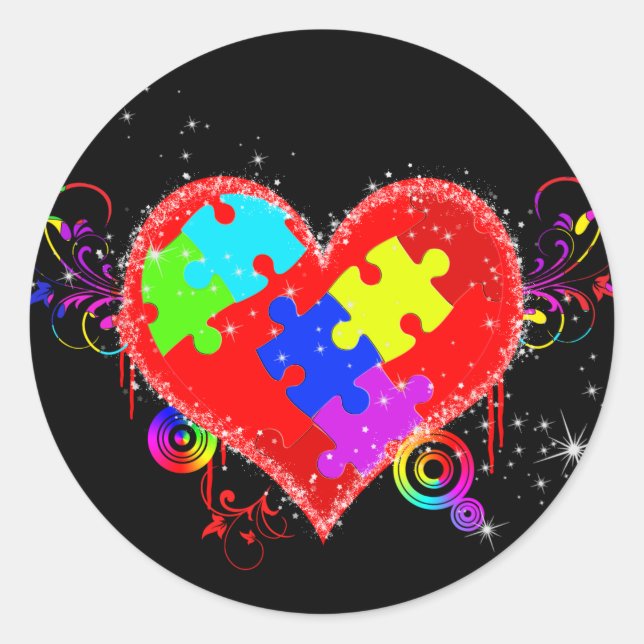 Sticker Rond Autisme Coeur brillant (Devant)