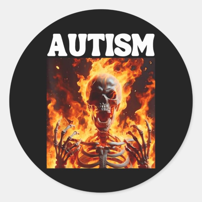 Sticker Rond Autisme Drôle Cringe Dur Skeleton Mème Flames 1 (Devant)