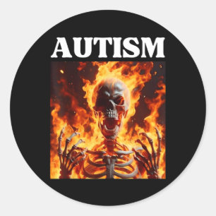 Sticker Rond Autisme Drôle Cringe Edgy Dur Skeleton Mème Flames