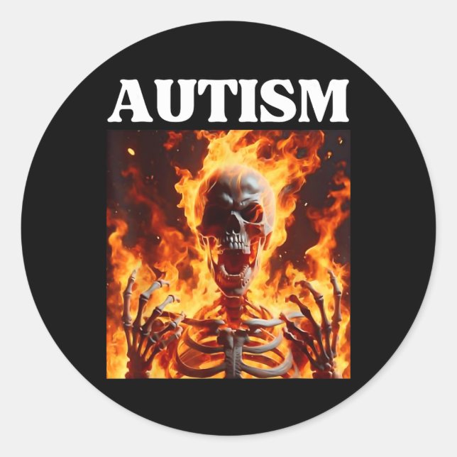 Sticker Rond Autisme Drôle Cringe Edgy Dur Skeleton Mème Flames (Devant)