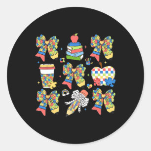 Sticker Rond Autisme Enseignant Coquette Bow Puzzle Pencils Aut