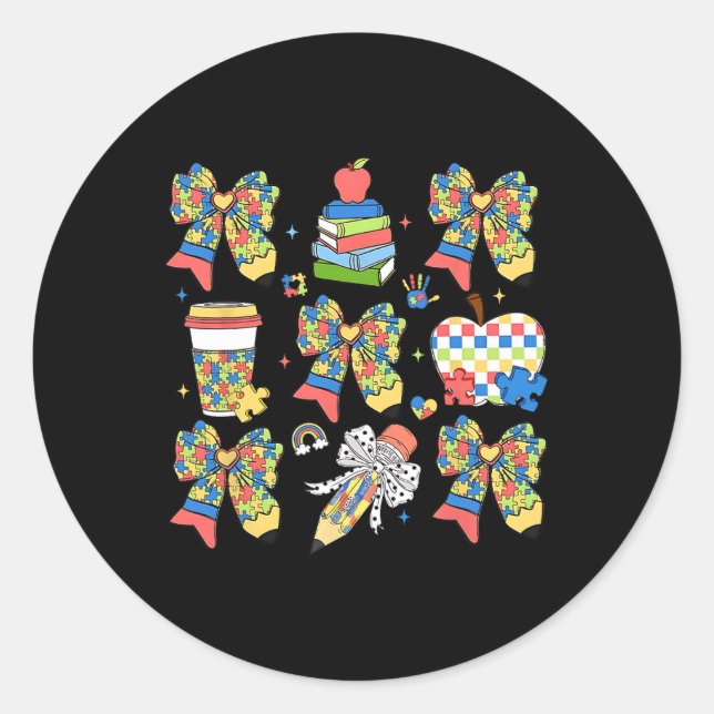 Sticker Rond Autisme Enseignant Coquette Bow Puzzle Pencils Aut (Devant)