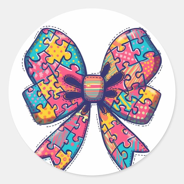 Sticker Rond Autisme Maman Puzzle Pièce Coquette Bow Ruban Auti (Devant)
