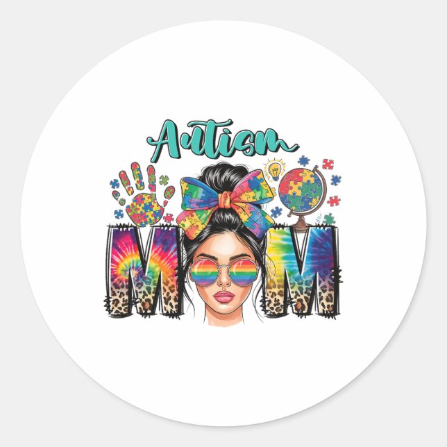 Sticker Rond Autisme Mère Empreinte de léopard Autistique Enfan (Devant)