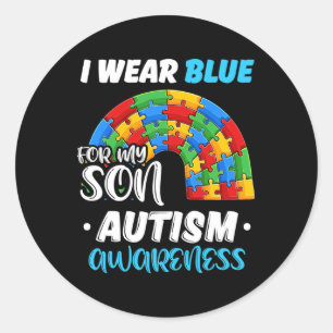 Sticker Rond Autisme Puzzle arc-en-ciel Je Porte Du Bleu Pour S