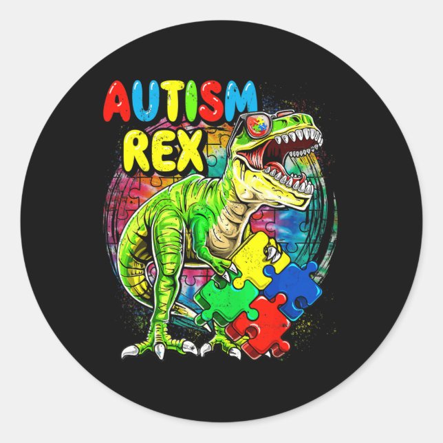 Sticker Rond Autisme T-rex Dinosaur Jour de Sensibilisation sur (Devant)