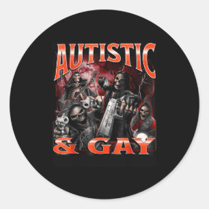 Sticker Rond Autiste et gai drôle dur squelette mème Bootleg
