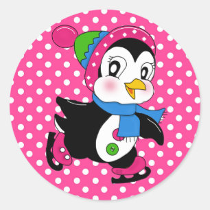 Sticker Rond Autocollant/pingouin et Pois