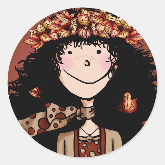 Sticker Rond Autocollants, Fille d'automne (Devant)