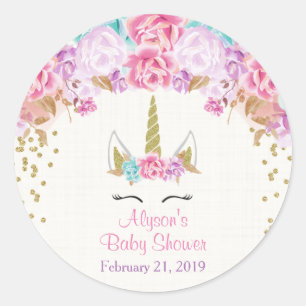 Sticker Rond Autocollants, rose et or de baby shower de licorne
