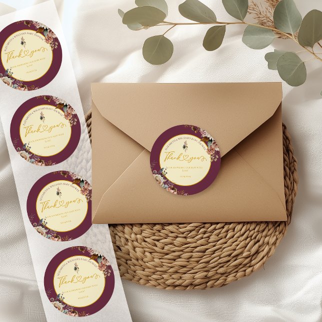 Sticker Rond Automne Amour Automne Floral Élégant Bourgogne (Créateur téléchargé)