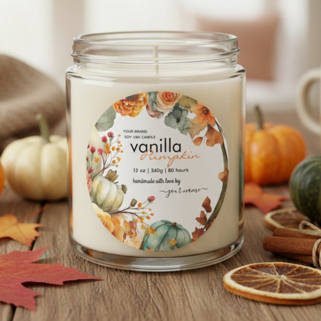 Sticker Rond Automne Aquarelle Feuille Citrouille Candle Jar Ét (Créateur téléchargé)
