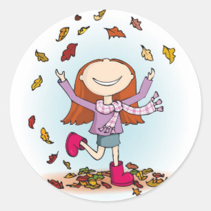 Sticker Rond Automne / automne amusant dans la fille feuille bl