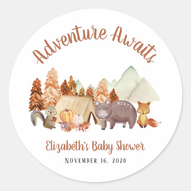 Sticker Rond Automne Bois Animaux Aventure Baby shower (Devant)