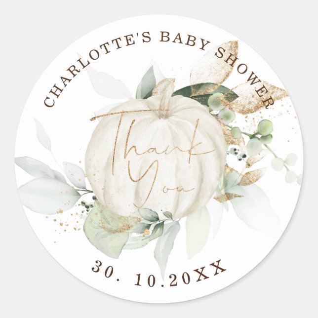 Sticker Rond Automne Citrouille Baby shower Vert Vert Gold Fave (Devant)