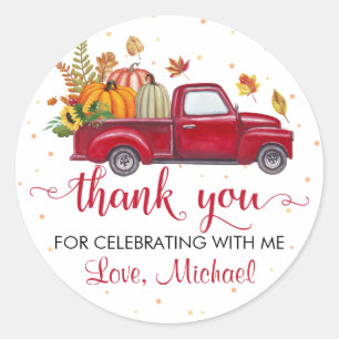 Sticker Rond Automne Citrouille Feuille Camion rouge Anniversai
