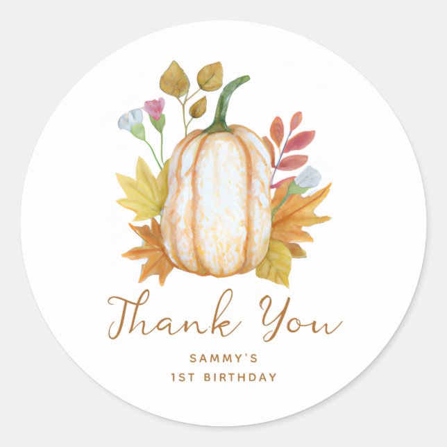 Sticker Rond Automne Citrouille Floral Anniversaire Merci Favor (Devant)