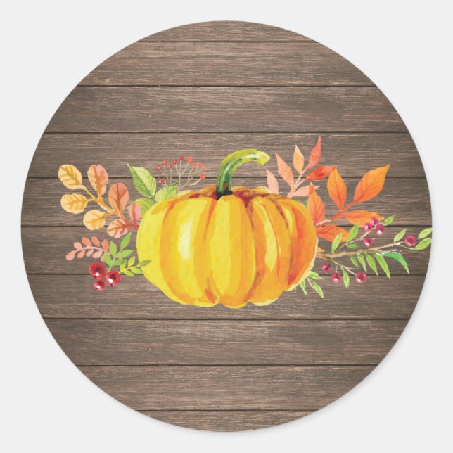 Sticker Rond Automne Citrouille Peinture Aquarelle Rustique (Devant)