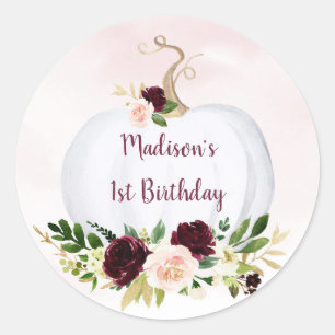 Sticker Rond Automne Citrouille rose or Bourgogne Anniversaire