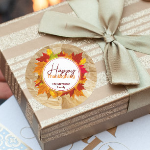 Sticker Rond Automne Feuilles d'érable sur papier Texture Thank