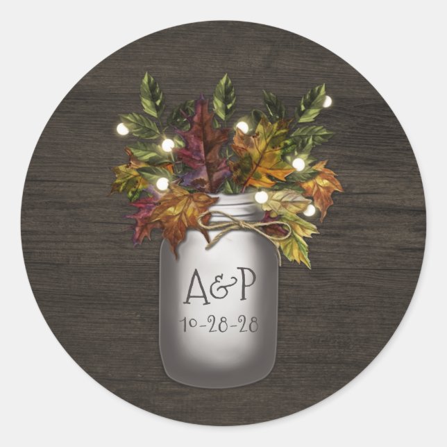 Sticker Rond Automne Feuilles Mason Jar Mariage rustique Faveur (Devant)