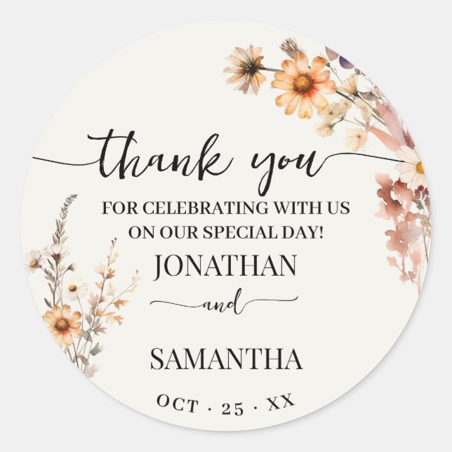 Sticker Rond Automne Fleur sauvage Merci Mariage Faveur (Devant)