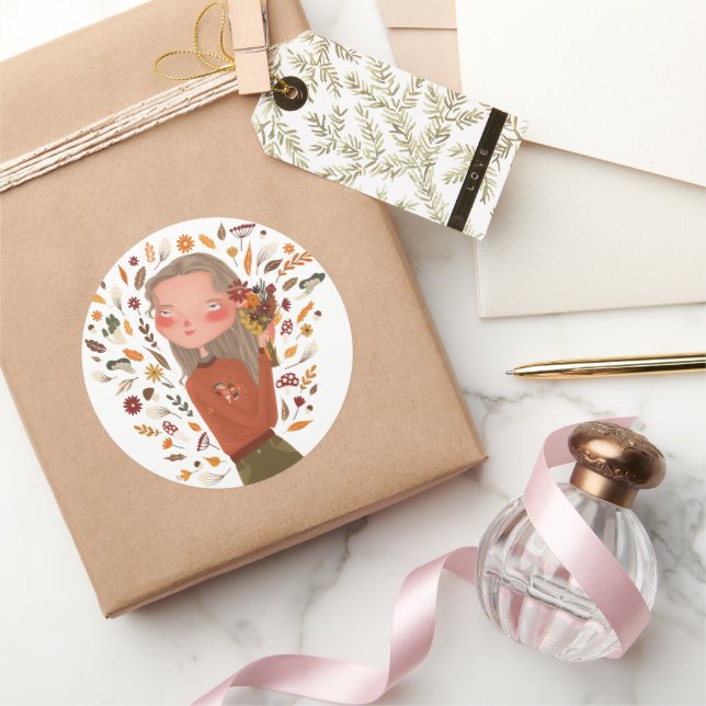 Sticker Rond Automne Fleurs d'automne et dessin Feuille (Cadeaux)