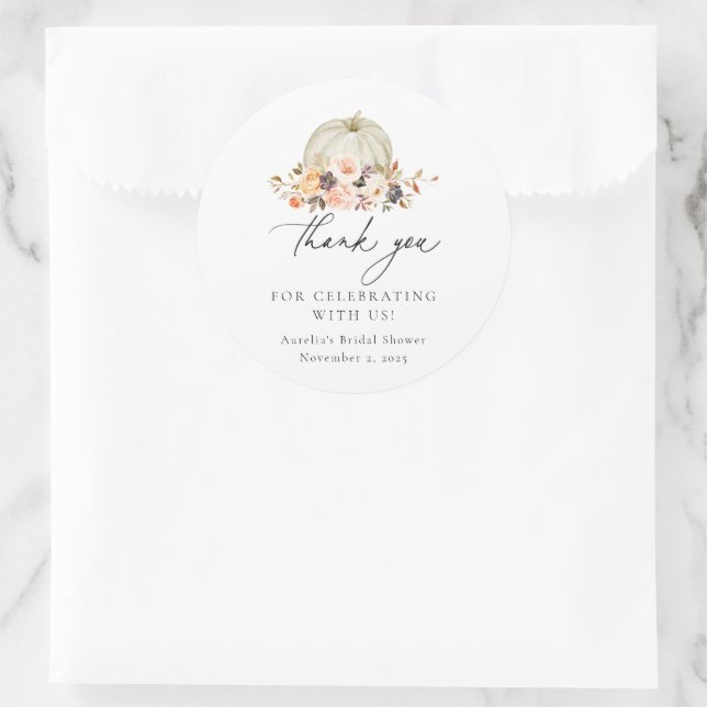 Sticker Rond Automne Floral Blanc Citrouille Merci (Sac)