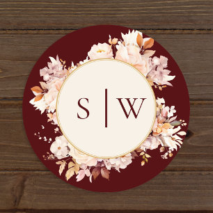 Sticker Rond Automne Floral Bourgogne Crème Mariage Enveloppe S