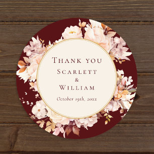 Sticker Rond Automne Floral Bourgogne Crème Mariage Merci
