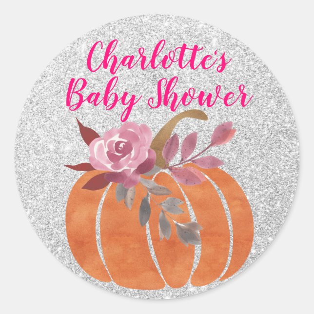 Sticker Rond Automne Floral Citrouille Baby shower rose argent (Devant)
